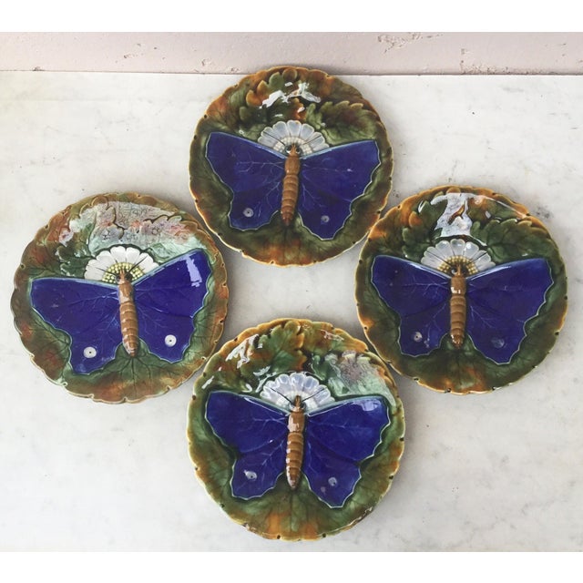 19th Century Majolica Flowers & Butterfly Plate Wasmuel For Sale In Austin - Image 6 of 8