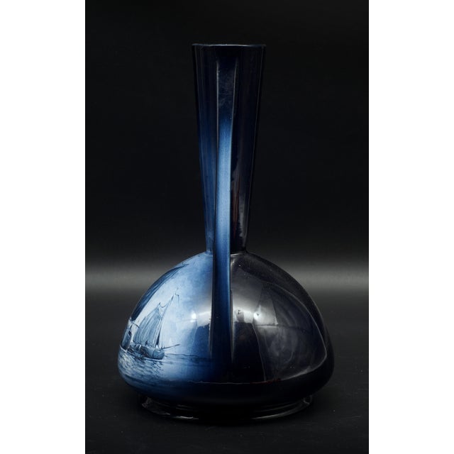 Perfect Maastricht handpainted Jugendstil / Art Nouveau Delft two handled vase with a Haagsche School pattern sailboots...