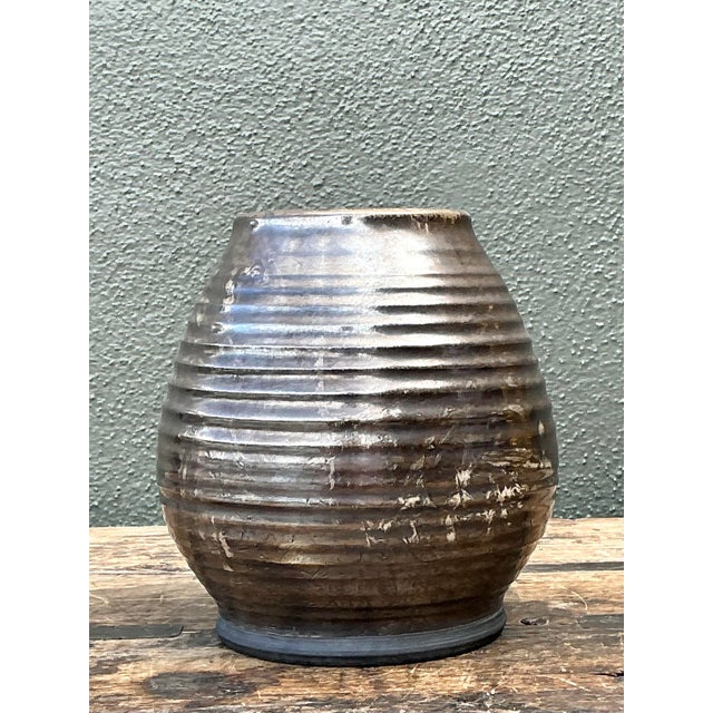 Vintage Original Rippled Studio Pottery Vase For Sale - Image 9 of 12