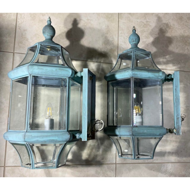 Large Pair of Solid Handcrafted Wall-Mounted Brass Lantern 24”h X 11”w X 12”d For Sale - Image 9 of 12