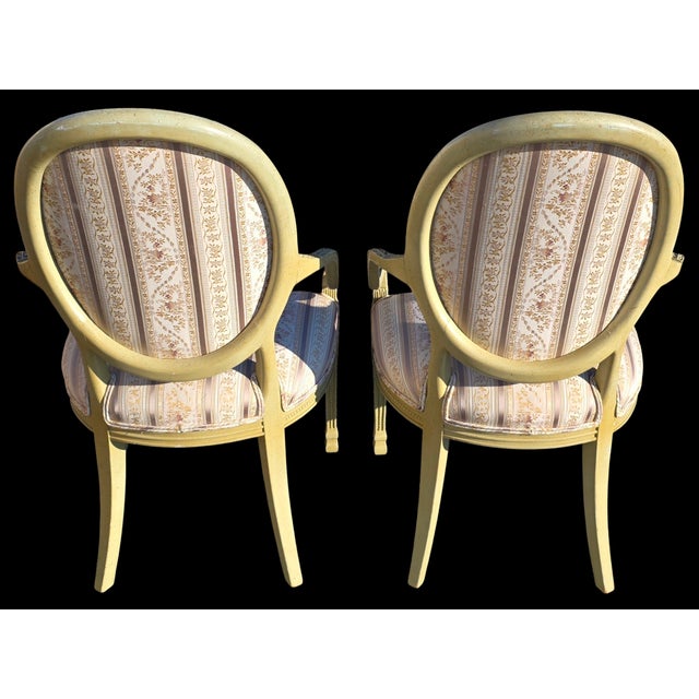 Celadon Pair of French Louis XVI Style Painted Celadon and Cream Oval Back Fauteuil Armchairs With Floral Stripe Upholstery, Mid 20th Century For Sale - Image 8 of 10