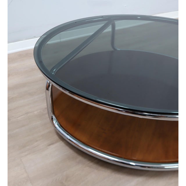 Large Italian Round Chrome and Smoked Glass Coffee Table on Wheels, 1970s For Sale - Image 10 of 13