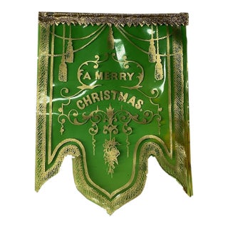 Rare Antique Victorian Merry Christmas Celluloid Green Banner Holiday Decor For Sale