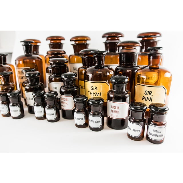 Vintage Amber Pharmacy Bottles, 1950, Set of 32 For Sale - Image 9 of 12