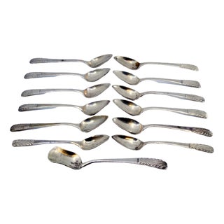 Silver Coffee Spoons and Sugar Shovel with Raised Handles, Set of 12 For Sale