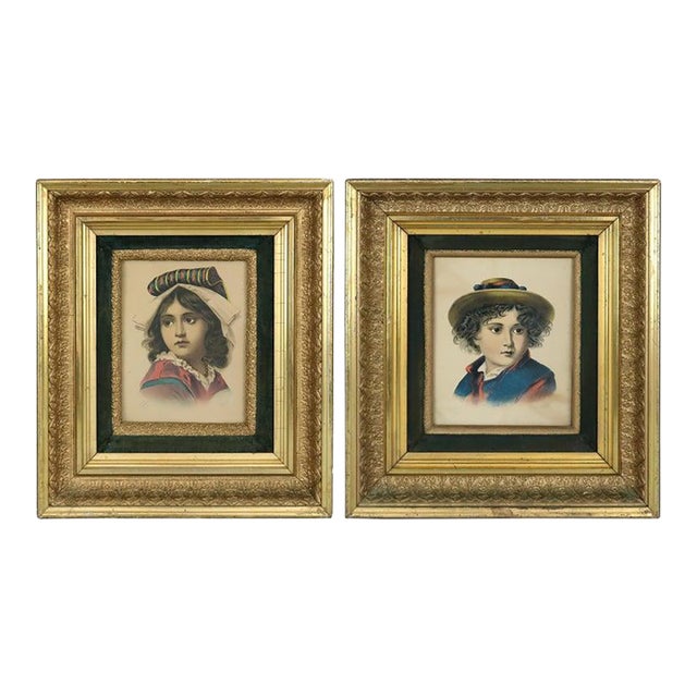 Deep First Finish Giltwood Deep Frames With Child Portrait Prints C1880 - Set of 2 For Sale