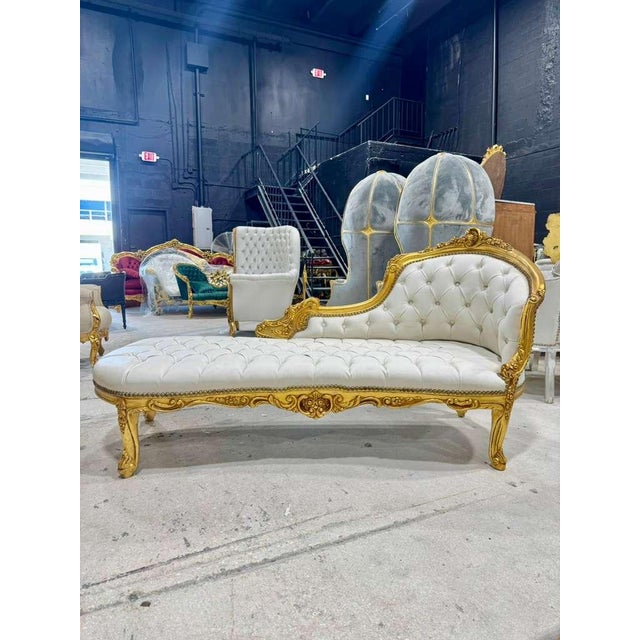 Chaise Longue White Leather Crystal Glass Buttons French Style For Sale - Image 10 of 10