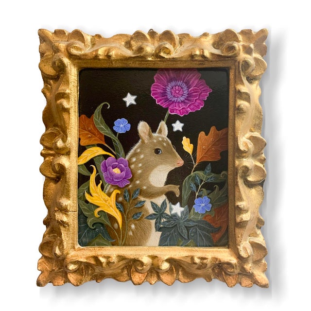This artwork features a charming small mammal nestled among vibrant foliage and blossoms, creating a sense of whimsy and...