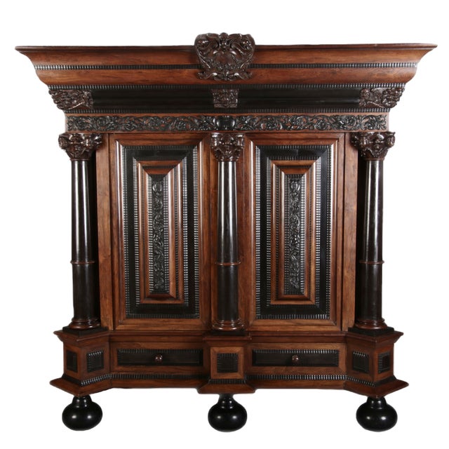 Baroque Cabinet Amsterdam Schapp, 5 Ebonized Columns, Pillow Fillings, Carved Chapters - Doors - Cornice, Secret Compartment, on High Feet, 1880 For Sale
