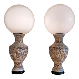 Pair of Antique 19th Century Qing Chinese Large Hand Carved White Tan Cinnabar Vase Globe Table Lamps