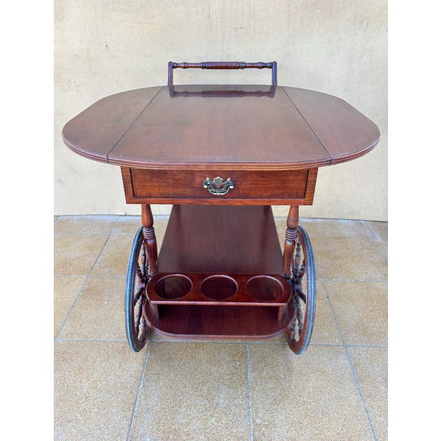 Vintage Wood Bar Cart with Spoked Wheels and Drawer, 1950s For Sale - Image 4 of 11