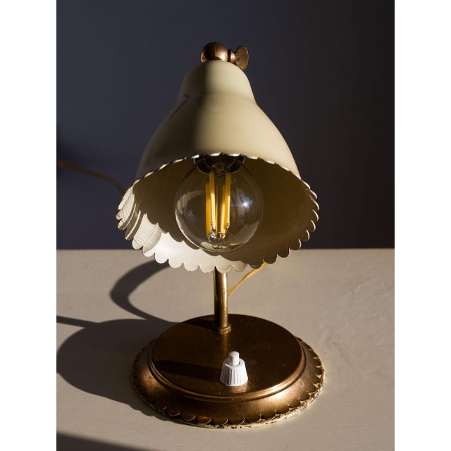 Beige Vintage Brass Table Lamps with Enameled Corolla Lampshades, 1950s, Set of 2 For Sale - Image 8 of 15