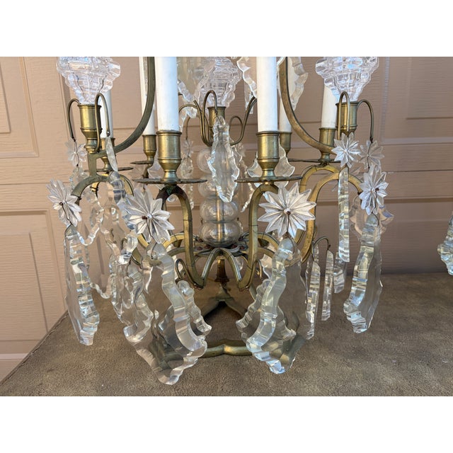 Early 20th Century French Brass & Crystal Six-Light Girandole Lamps - Pair For Sale - Image 14 of 17