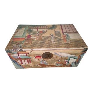 Antique 1900 "Courtesans Boating" Chinese Hand Painted Pigskin Wedding Trunk Chest For Sale