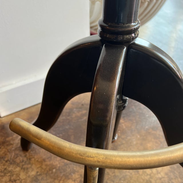 Black 1990s Vintage Italian Black Leather Seat Barstool With Wood and Brass Accent for the Footrest and Low Back For Sale - Image 8 of 13
