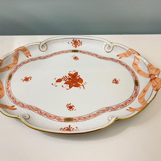 1980s Herend Hungary Chinese Bouquet Apponyi Rust ribbon tray // handpainted luxury china // made in Hungary // fine china // tea set For Sale In Kansas City - Image 6 of 10