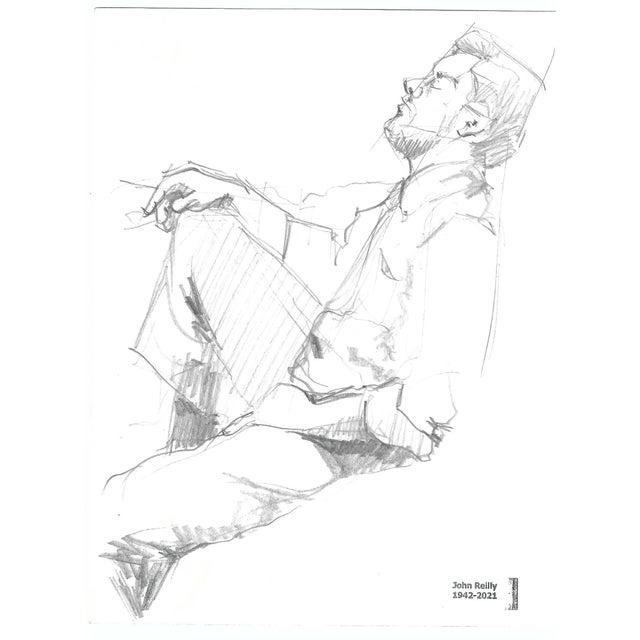 1980s reclined male drawing by Pennsylvania artist John Reilly (1942-2021). Estate stamp on one side. Combined shipping...
