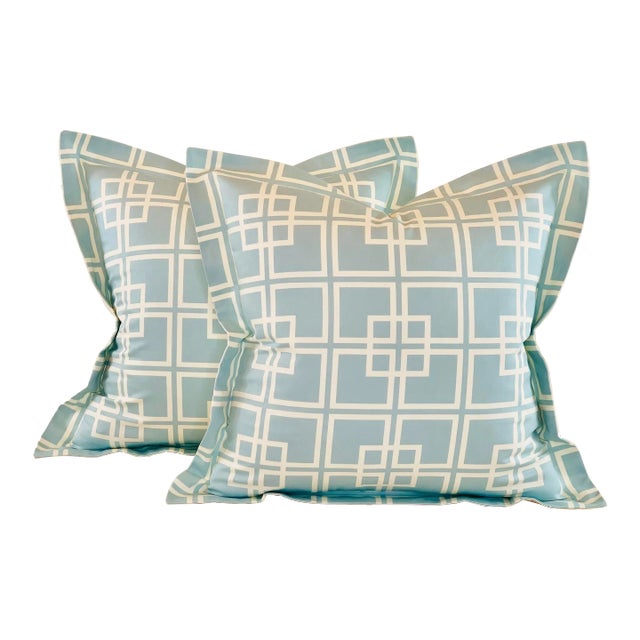 Designer Vicki Payne Free Spirit Aqua & Cream Chinoiserie Chippendale Fretwork Lattice Trellis Pillow Covers- a Pair For Sale