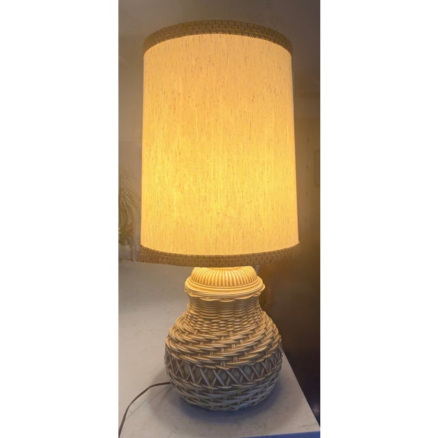 1970s 1970's Spanish Ceramic Trompe-l'Oeil Wicker Table Lamps With Matching Shades, a Pair For Sale - Image 5 of 16