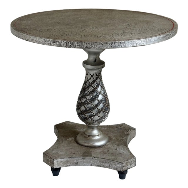 Vintage Palm Beach Regency Style Silver Crackle Finish Pineapple Pedestal Side Table For Sale