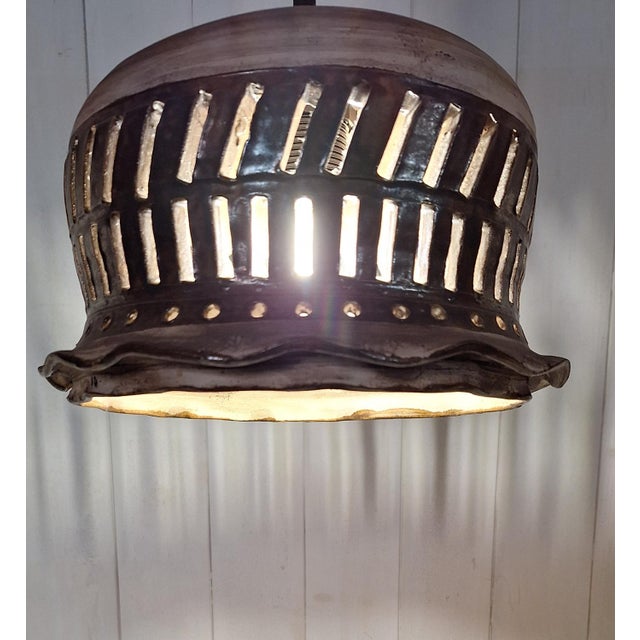 1970s Vintage Rustic Ceiling Lamp with Beige-Brown Ceramic Shade on a Black Iron Chain, 1970s For Sale - Image 5 of 7
