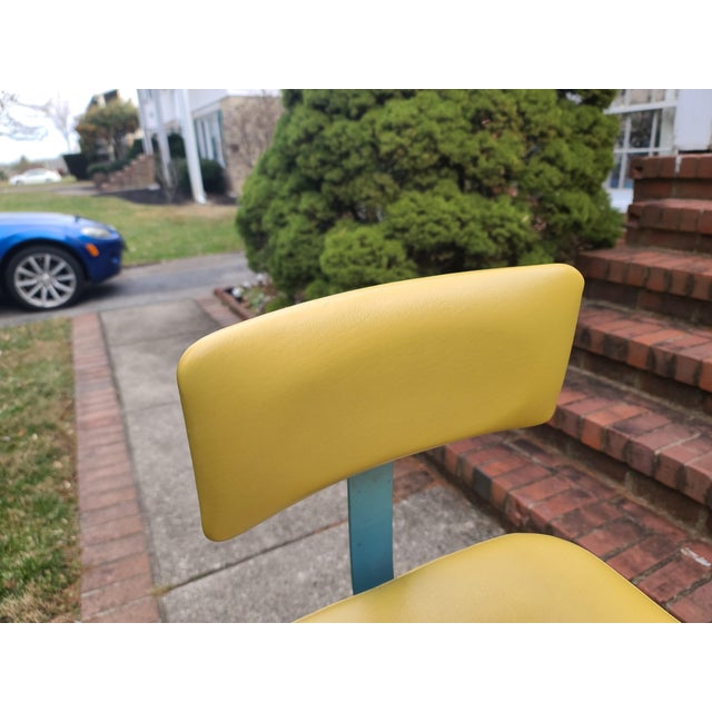 1960s Vintage Adjusto Equipment Company Drafting Chair Stool Vinyl Cushion Back Rest Swivel Adjustable With Foot Ring For Sale - Image 4 of 12