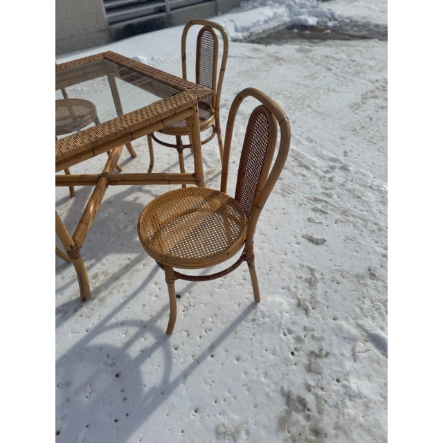 Wood 1970s Palm Beach Style Rattan Dining Set With Glass Top Table and Four Cane Back Chairs For Sale - Image 7 of 12