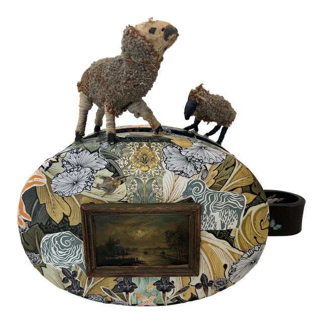 Mixed Media Collage Painting on Vintage Large Industrial Pulley Sculpture For Sale