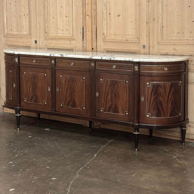 French Grand Louis XVI Style Flame Mahogany Buffet With Marble Top For Sale - Image 3 of 18