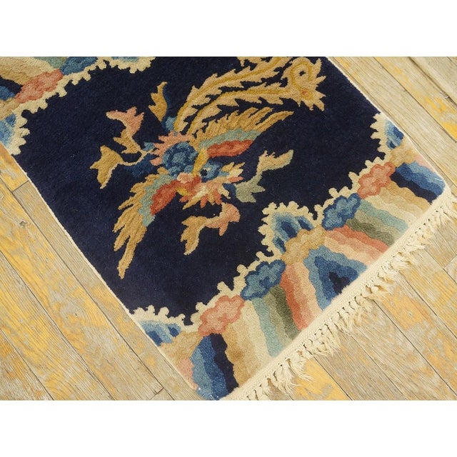 Small Navy Geometric Antique Chinese Peking Carpet Knotted Wool Rug 1'7'' X 2' For Sale - Image 9 of 9