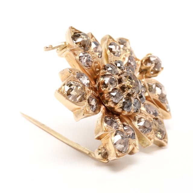 Antique 3.85ctw Brown Diamond Flower Brooch, 14k Yellow Gold, Length 1.25 In For Sale - Image 4 of 5