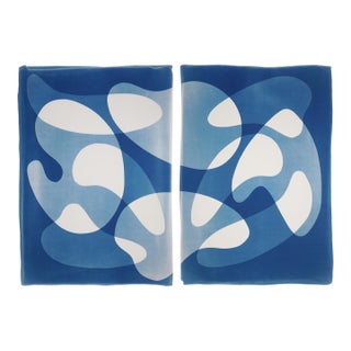 2026 Abstract Minimalist Modern Floating Shapes, Blue Tones Modern Diptych on Watercolor Paper by Kind of Cyan For Sale