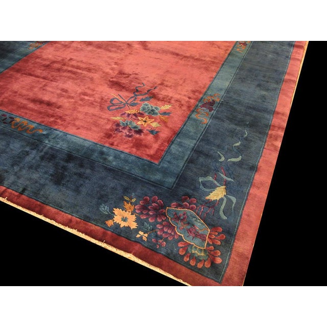 1920s Red Raspebery Floral Antique Chinese Art Deco Rug 9'4" X 11'4" Hand Knotted Wool Carpet For Sale In New York - Image 6 of 6
