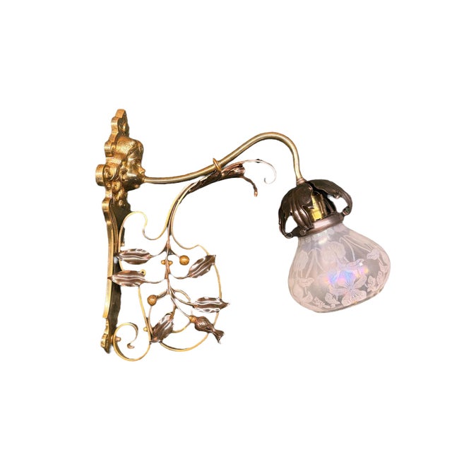 1900 - 1909 1900 Art Nouveau Brass and Copper Sconces With Antique Floral Irridescent Shades #2618 - a Pair For Sale - Image 5 of 14