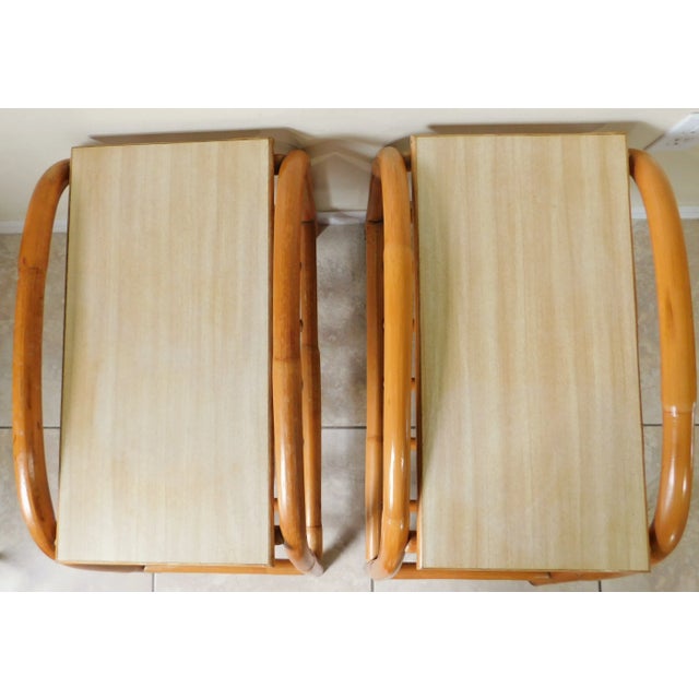 Pair Vintage Mid Century Bamboo Rattan Formica Top Side/End Tables For Sale - Image 4 of 8