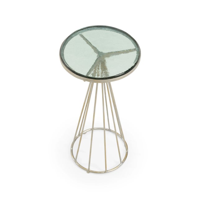 Handmade iron and recycled green glass drink table. Antique silver finish.