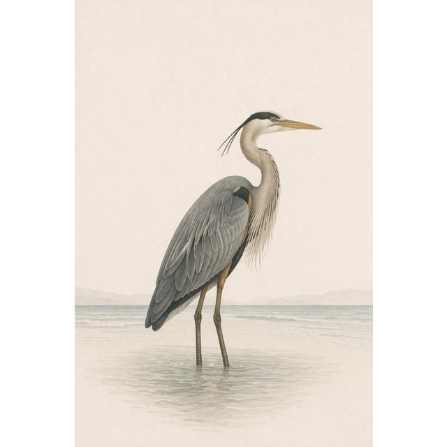 Great Blue Heron Coastal Study, Neutral Bird Wall Art Print, 24″ × 36″ Reproduction For Sale