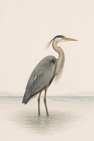 Great Blue Heron Coastal Study, Neutral Bird Wall Art Print, 24″ × 36″ Reproduction