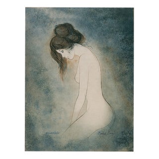 Bernard Charoy, Dominique Against a Blue Background, Nude, Lithograph For Sale