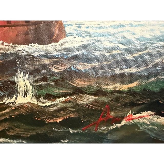 This striking vintage oil painting depicts two majestic sailing ships engaged in a dramatic naval encounter upon a rolling...