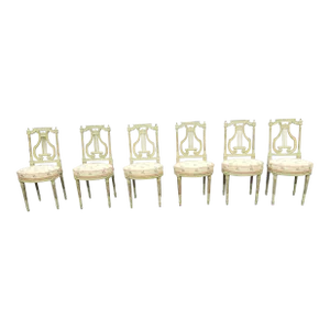 Set of Six 19th Century Louis XVI Style Green Parcel Gilt Painted Dining Chairs