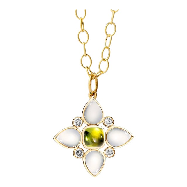 Syna Yellow Gold Peridot and Moon Quartz Flower Pendant with Diamonds For Sale