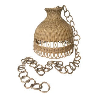 Vintage Rattan Hanging Shade With Link Chain For Sale