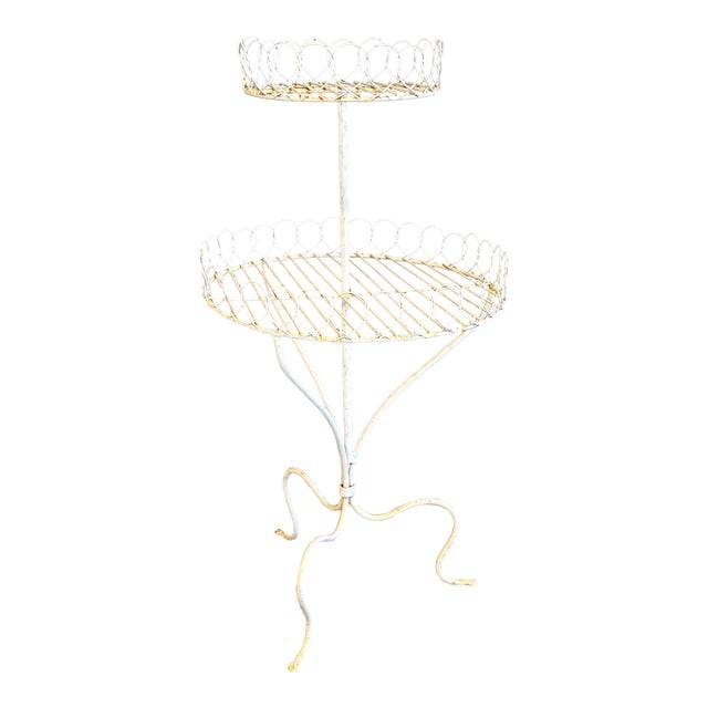Antique White Wrought Iron Two Tiered Decorative Garden Plant Stand For Sale