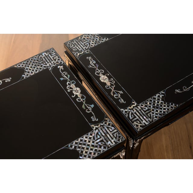 Vintage 1960s Vietnamese Black Lacquer & Mother of Pearl Side Tables - A Pair For Sale - Image 9 of 17
