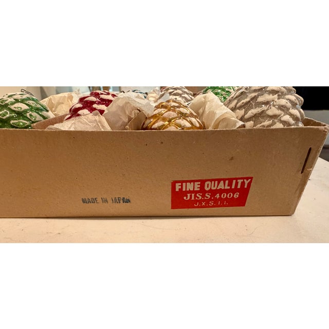 Metal Vintage Snowy Pine Cone Ornaments, Set of 12 in Box For Sale - Image 7 of 7