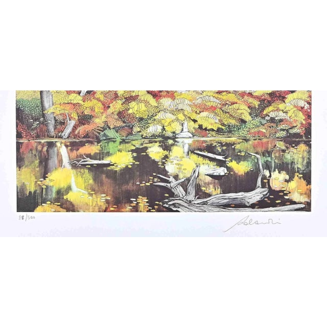 Beside The Lake is a modern artwork realized by the Artist Rolandi, in the 1980s. Mixed colored screen print. Hand signed...