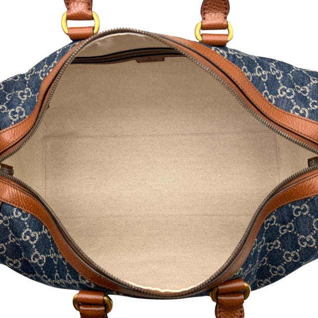 Gucci Denim Gg Supreme Canvas and Brown Leather Duffle Bag, Spring/Summer 2022. For Sale - Image 12 of 13
