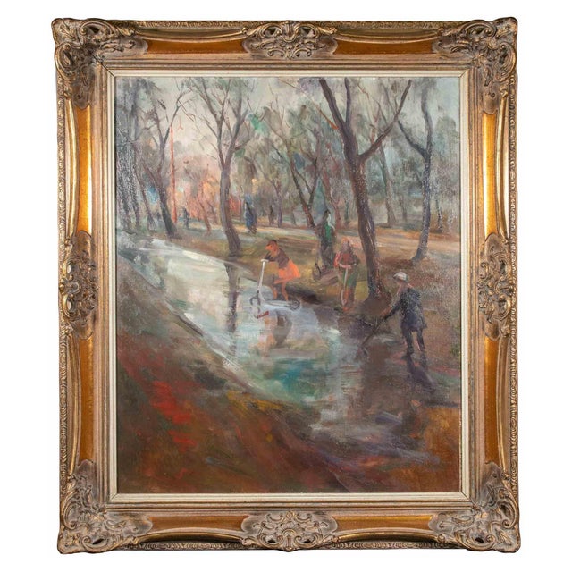 Miroslava Vrbová-Štefková, Children Playing in the Park, Oil Painting, Mid-20th Century For Sale