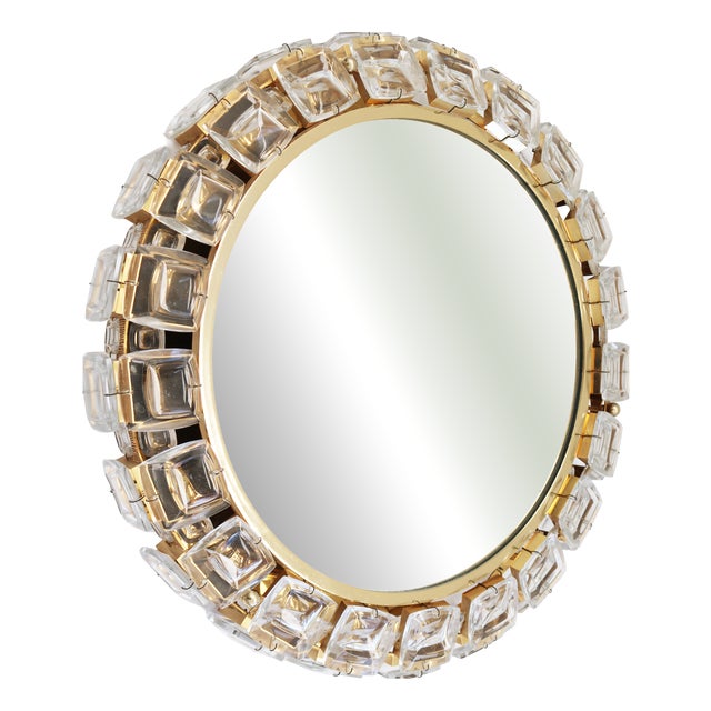 Illuminated Round Crystal Glass and Brass Mirror from Palwa, 1960s For Sale